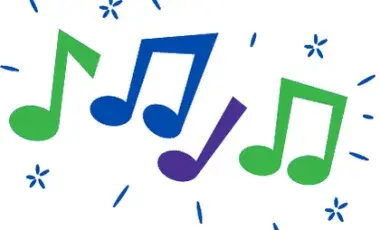 Green, blue, and purple musical notes float on a white background with blue decorative marks.