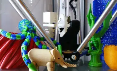 Colorful 3D-printed animals and objects displayed around a 3D printer.