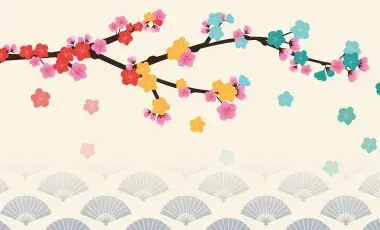 Flowers on a branch with a fan symbol