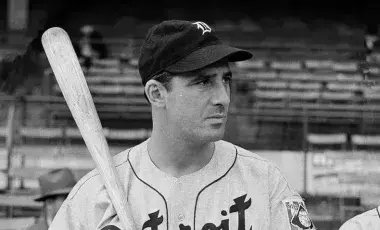 Hank Greenberg holds bat in Detroit Tigers uniform
