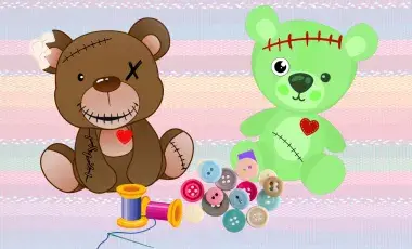 Two zombie teddy bears on a ranibow background with sewing supplies and buttons in the foreground. 