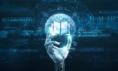 robotic hand holding out a sphere with an open book inside of it. Contains blue background with code running across it. 