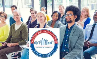 Adults of various ages and ethnicities seated listening to a lecture. The logo for the City of Los Angeles Emergency Management Department is included.