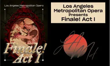 A dramatically lit photograph of two opera leads are shown with the text "Finale! Act 1" superimposed.  