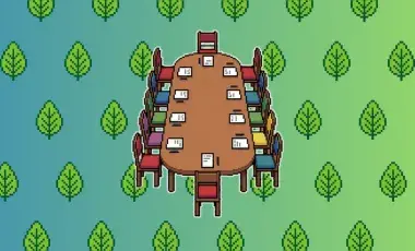 a pixel art rendering of a conference table with meeting supplies over a background of leaves and a gradient in the colors of the palisades library bungalows