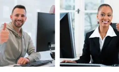 a smiling man sitting at his desk and computer and a smiling woman sitting at her desk and computer
