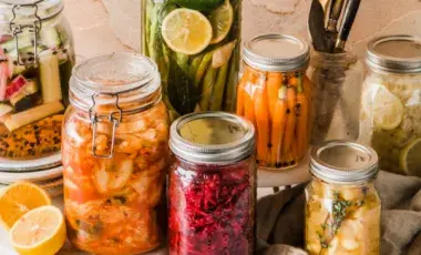 A spread of mason jars containing different fermented vegetables.