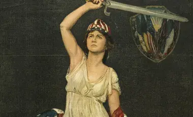 detail from painting of woman holding a sword with American flag wrapped around her body