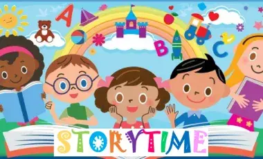 graphic with five children above a big book with a rainbow in the background