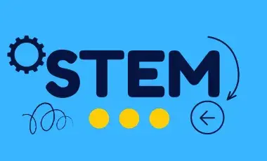 The word STEM in black on a blue background with a gear, arrows, and yellow dots.