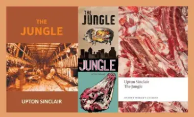Four different covers of The Jungle by Upton Sinclair on a tan background