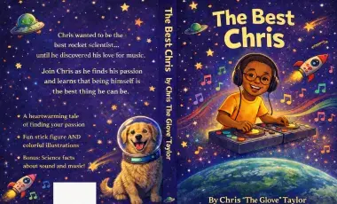 Book cover for The Best Chris, featuring a child DJing in a colorful space scene.