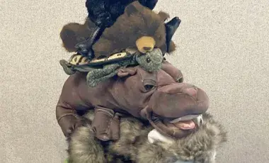 A stack of puppets atop one another in the style of the "Town Musicians of Bremen"