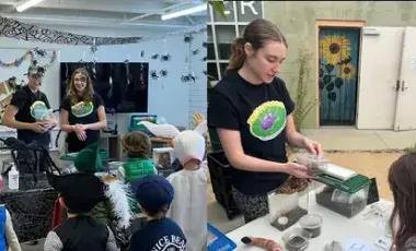 collage of children holding giant insects and two female presenters showing insects