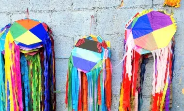 Guatemalan barriletes, or paper kites, made in various colors of craft tissue paper and geometric shapes.