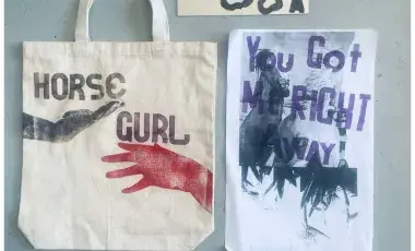 Blockface printmaking on tote bag, mirror, and paper