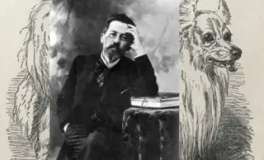 Anton Chekhov in front of an etching of a Pomeranian dog.