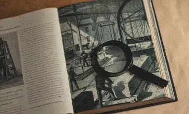A book with a mysterious-looking black and white illustration and a magnifying glass on top of it