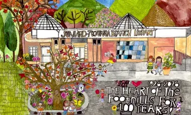 Art by Sharon Nullmeyer (Nullsie) depicting the Sunland-Tujunga Library with happy patrons and surrounded by the natural environment