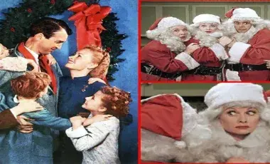 Men and women embracing and dressed as Santa Claus