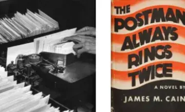 Letters running through a postal machine next to the cover of The Postman Always Rings Twice