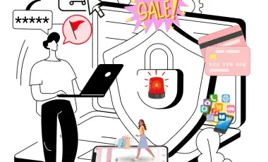 Adult shopper surrounded by online shopping graphics 