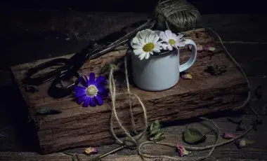 scissors on a block of wood with twine and a blue flower.