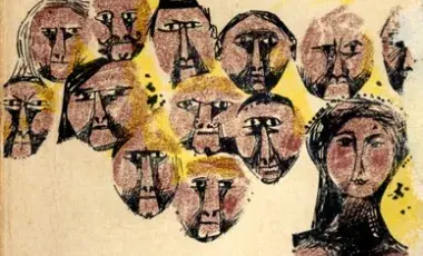 various sketched faces of men and women