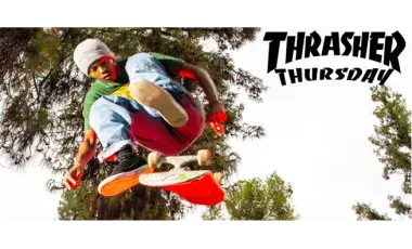Person skateboarding with the text "Thrasher Thursday"