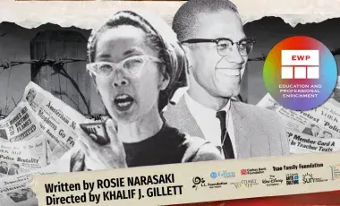 Yuri Kochiyama and Malcolm X surrounded by newspapers, with logo for East West Player.