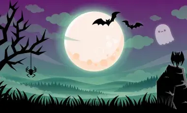Spooky illustrated scene with a full moon, a ghost, and creatures.