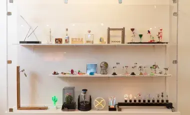 display case of sculptures