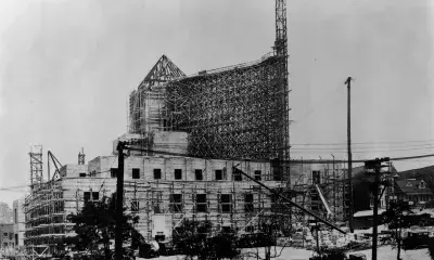 historic black and white photo of Central Library under construction
