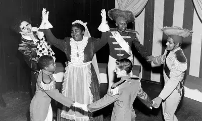 Harry Burnett and Odetta perform Tommy Turnabout’s Circus with other cast members in 1952