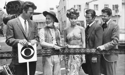 From left, Clint Eastwood, Paul Brinegar, Tina Louise, and Robert Conrad and Ross Martin, 1965
