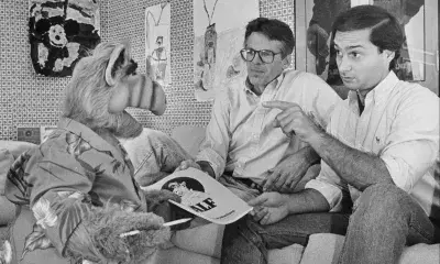 Writer and co-creator Tom Patchett, left, and voice actor Paul Fusco, right, are confronted with last-minute script changes from star ALF.