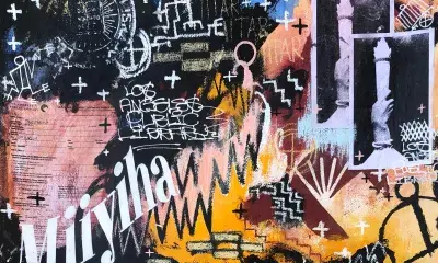 artwork created with acrylic, spray paint, marker, ink, color pencil, chalk pastel, paper media and oil stick on paper