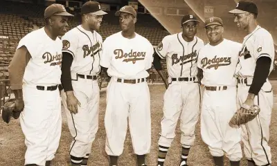 Historic photo of Jackie Robinson, George Crowe, Joe Black, Sam Jethroe, Roy Campanella and Bill Bruton