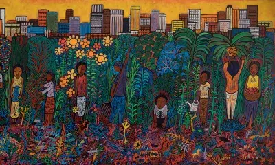 Painting of garden, people, and cityscape in the background