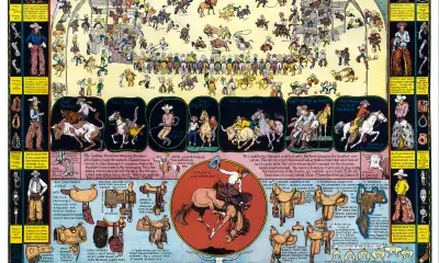 Artwork of a rodeo, horses, saddles, and cowboys