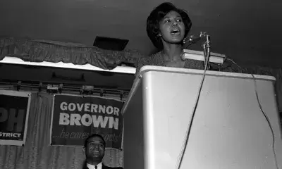 Yvonne Brathwaite Burke speaks at a rally for Pat Brown, circa 1966.