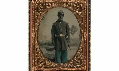 Quarter-Plate, Hand Tinted Tintype taken between 1863 – 1865. Image depicts an unidentified Union private.