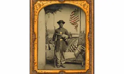 Quarter-Plate Hand Tinted Tintype taken between 1863 – 1865. This tinted photograph was taken by photographer Enoch Long at the Union post of Benton Barracks in Missouri.