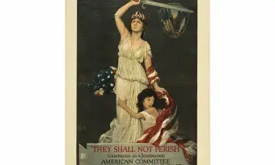 Girl, symbolizing Near East, clinging to woman with sword and U.S. flag, symbolizing America