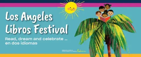 Kids reading a book on top of a palm tree and a smiling sun over a blue sky