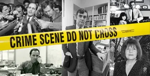 l to r: Authors Vincent Bugliosi, Darcy O'Brien, Dominick Dunne, Joseph Wambaugh and Joan Renner