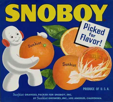 Snowman carrying giant oranges
