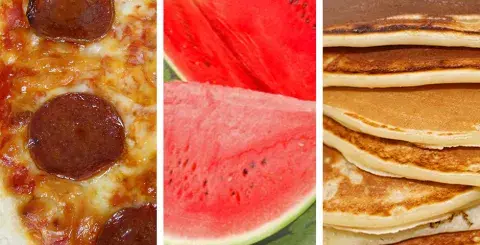 collage with pizza, watermelon and pancakes