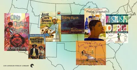 Collage of featured books on the map of United States