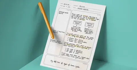 notes and a pencil in a teal colored box